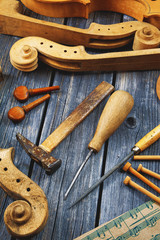 Parts of the violin on wooden background © Fydorov