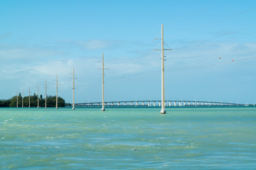 Channel 2 with power lines, Craig Key and Overseas Highway US 1 bridge over Channel 5 to Key West, Florida Keys, USA