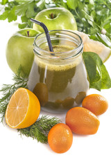 fresh homemade green smoothie with various fruits and vegetables