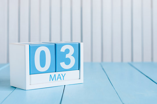 May 3rd. Image of may 3 wooden color calendar on white background.  Spring day, empty space for text.  International or World Press Freedom Day