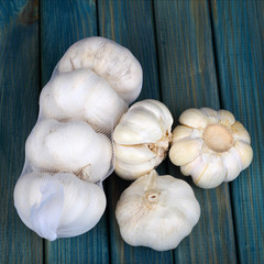 Garlic on  a wooden table