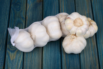 Garlic on  a wooden table