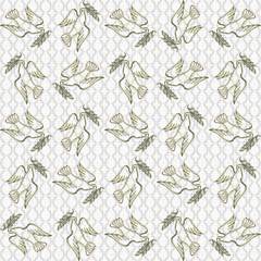 Fototapeta na wymiar Peaceful conceptual pattern. Large golden dove of peace against the frozen snowy backdrop with laurels ornament. Concept. Seasonal. Made by means of openclipart.org elements.