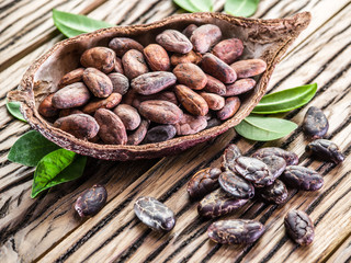Cocao pod and cocao beans on the wooden table.