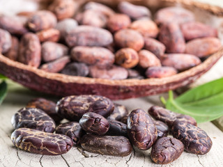 Cocao pod and cocao beans on the wooden table.