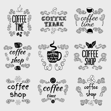 set of coffee shop sketches and text labels