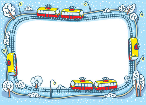 Frame design template with funny trams and rails