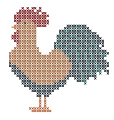 Cross stitch rooster, pixels, vector