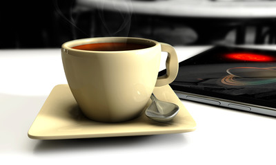3d Coffee on the table with planshet