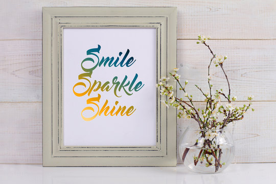 Smile, Sparkle, Shine. Life, Home, Happiness concept. Poster in frame Scandinavian style home interior decoration. 3D render