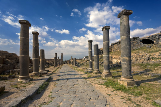Syria. Bosra. The Cardo street leading along of basalt columns. This site is on UNESCO World Heritage List