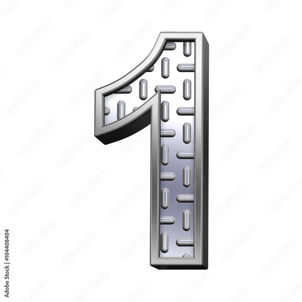 Fototapete one digit from steel tread plate alphabet set, isolated on white. computer generated 3d photo render