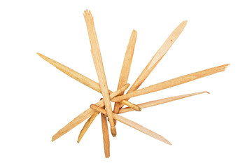 Pieces of broken wooden drumsticks isolated on white