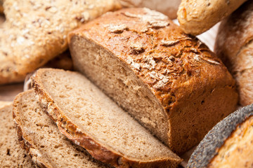 Bread assortment on wooden surface