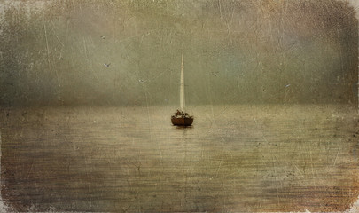 Wooden boat on quiet river , grunge texture