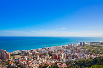 Fototapeta na wymiar Cullera beach aerial with skyline of village Valencia