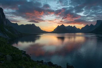 Deurstickers Beautiful sunset near the great mountains and clear silence water at Reine, Bunesfjorden, Lofotens. Amazing nature of Norway. Cloudscape © GavranBoris