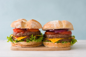 Delicious burgers with cheddar cheese, tomato, lettuce and onion
