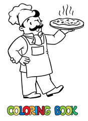 Coloring book of funny cook or chef  with pizza 