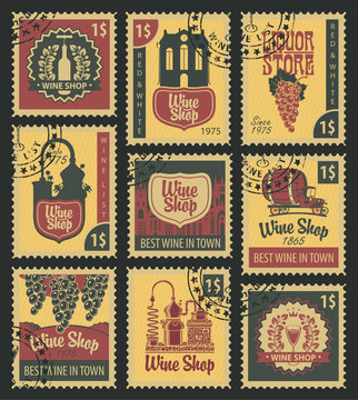 set of postal stamps on theme of wine and liquor
