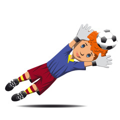 Boy goalkeeper jump catches a soccer ball