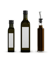darck glass bottles for olive oil of different sizes isolated on