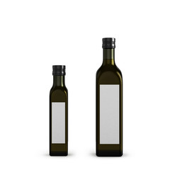 dark glass bottles for olive oil of different sizes isolated on