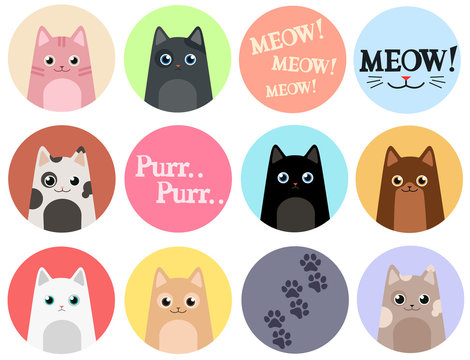 Set of 12 stickers. Cats. Cartoon vector design