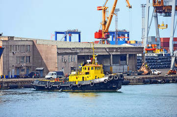 Tugboat and port cargo crane