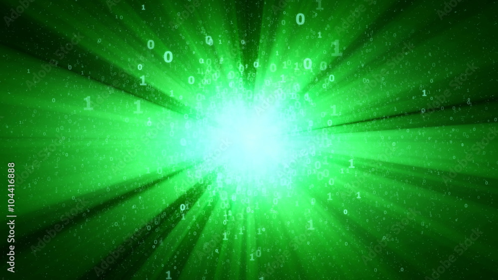 Poster digital binary sun in cyberspace, abstract bright digital star with green rays - seamless loop