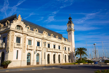 Fototapeta na wymiar Puereto de Valencia port with clock tower building