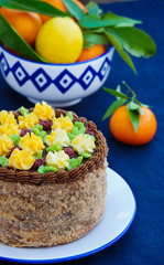 dacquoise cake with butter cream, kiev cake, decorated with cream flowers