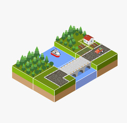 Isometric landscape of countryside with farm, tractor, harvest, the beds and the river.