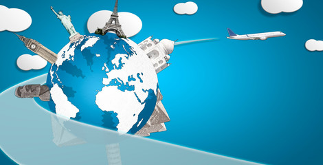 Fototapeta premium Globe with drawn monuments and plane horizontal composition