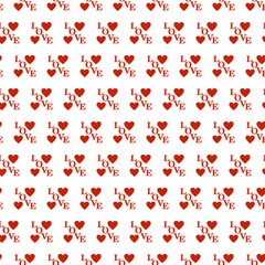 Valentine background with red hearts and red with the word love obliquely downward alternately in a row and the row on a white background