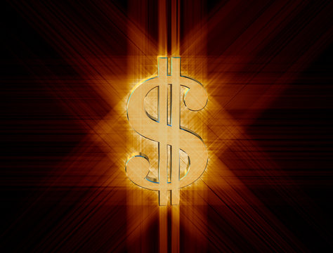 three-dimensional image of the golden dollar symbol among the colored rays