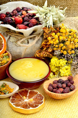 Medicinal herbs with honey.