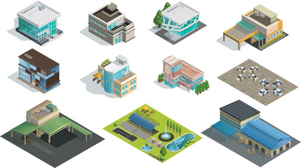 Vector isometric buildings, factory and garden