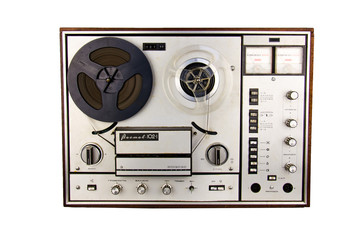 Retro isolated  soviet tape recorder white background. Old portable tube tape-recorder. Tape recorder Vintage. Old tape-recorder. Analog Stereo Open Reel Tape Deck Recorder Player