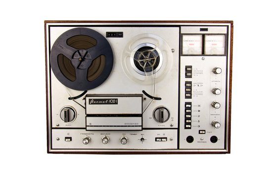 Retro isolated soviet tape recorder white background. Old portable tube tape -recorder. Tape recorder Vintage. Old tape-recorder. Analog Stereo Open  Reel Tape Deck Recorder Player Stock Photo