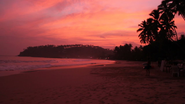 Pink sunset on a tropical beach. 