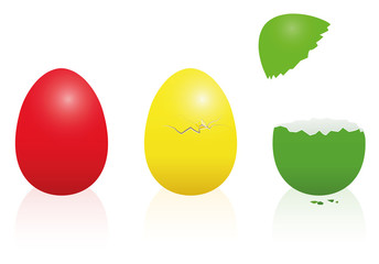 Easter eggs - traffic light colors - red, yellow, green - intact, broken, open. Three-dimensional isolated vector illustration on white background.