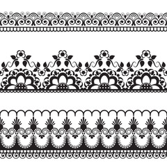 border pattern line lace elements with flowers in Indian mehndi style for card and tattoo isolated on white background.