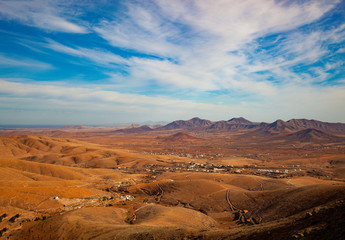 Fototapeta na wymiar Panorama of a volcanic landscape, Fuerteventura, Canary Islands, Spain