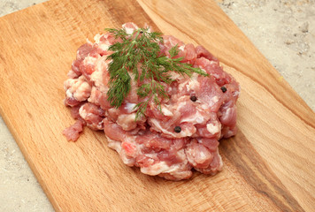 Minced Meat , close-up shot,  on  wooden background