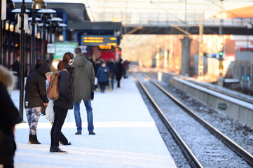 People waiting for the train, winter platform