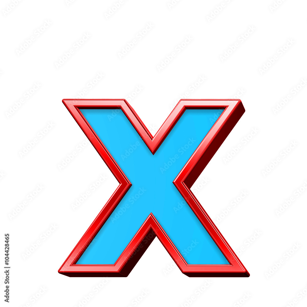 Fototapete One lower case letter from blue glass with red frame alphabet set, isolated on white. Computer generated 3D photo rendering.