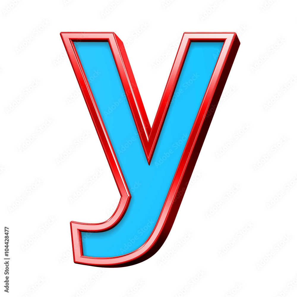 Fototapete one lower case letter from blue glass with red frame alphabet set, isolated on white. computer gener