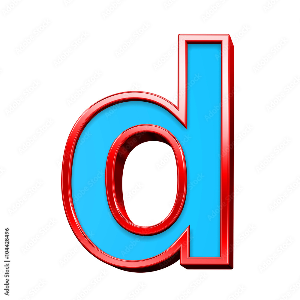 Fototapete One lower case letter from blue glass with red frame alphabet set, isolated on white. Computer generated 3D photo rendering.