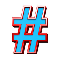 Number mark sign from blue glass with red frame alphabet set, isolated on white. Computer generated 3D photo rendering.